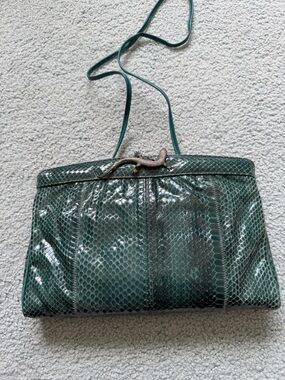 Varon Green Snake-Embossed Shoulder Bag with Lizard Accent